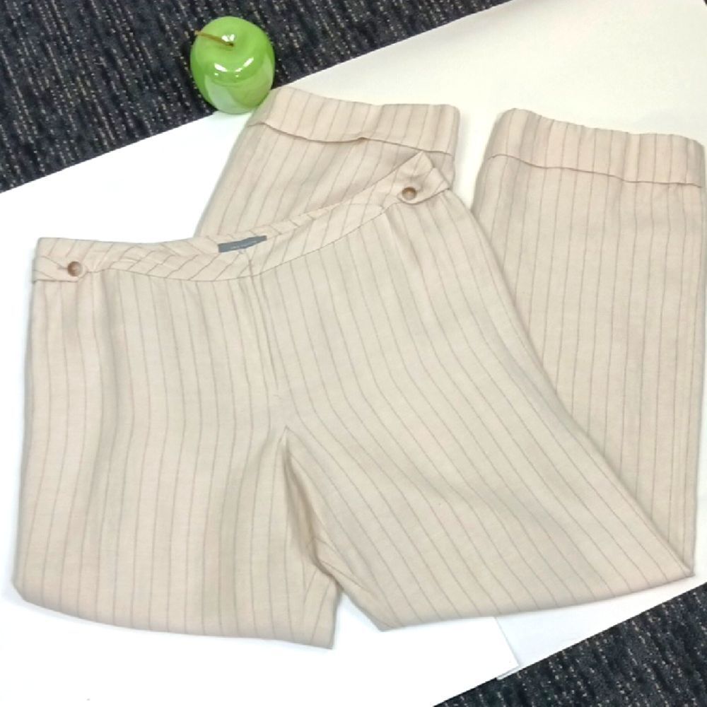 Ann Taylor Women Linen Blend Cream Stripped Straight Leg Trousers sz 14